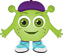 ELCII, a small blue alien holding a green tablet