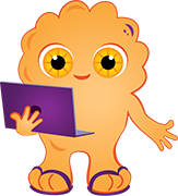 MIA, a small orange alien holding a purple laptop